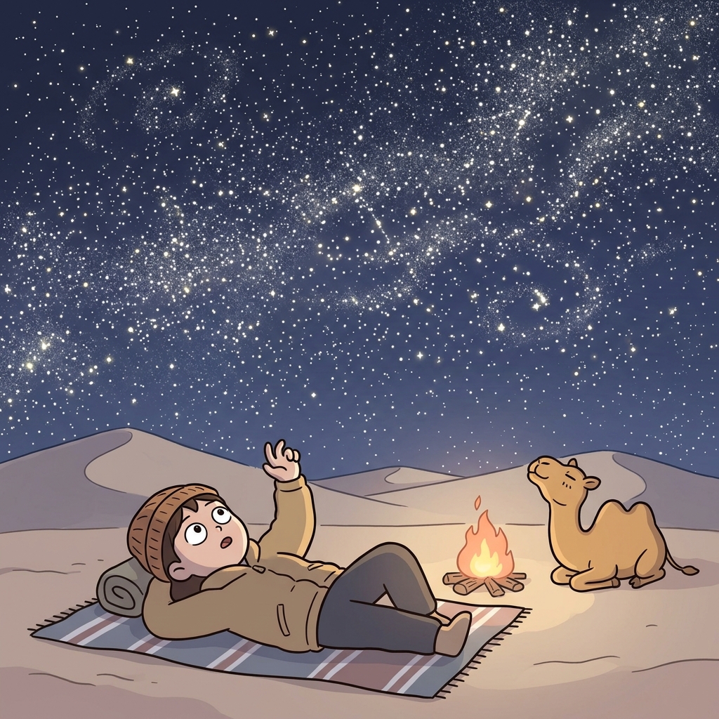 사막 위 밤하늘에 셀 수 없이 많은 별이 쏟아졌다.