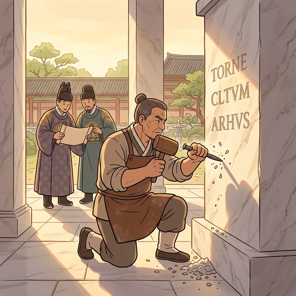 The stonemason will inscribe the king's name onto the marble monument.