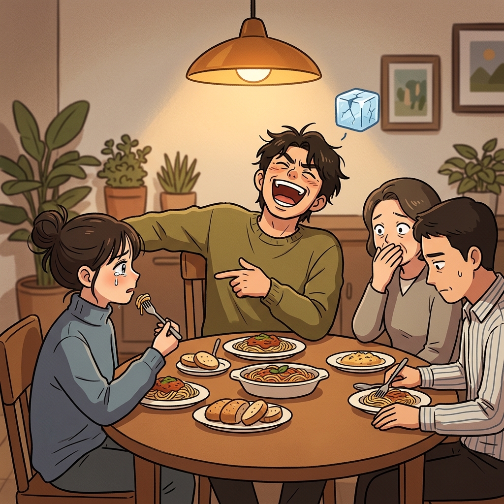 그가 무신경하게 던진 농담에 식탁이 얼어붙었다.
