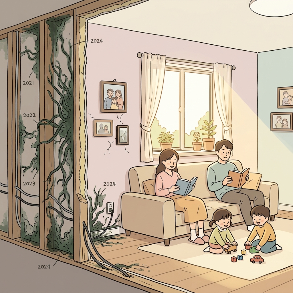 The insidious mold spread behind the walls for years before anyone noticed.