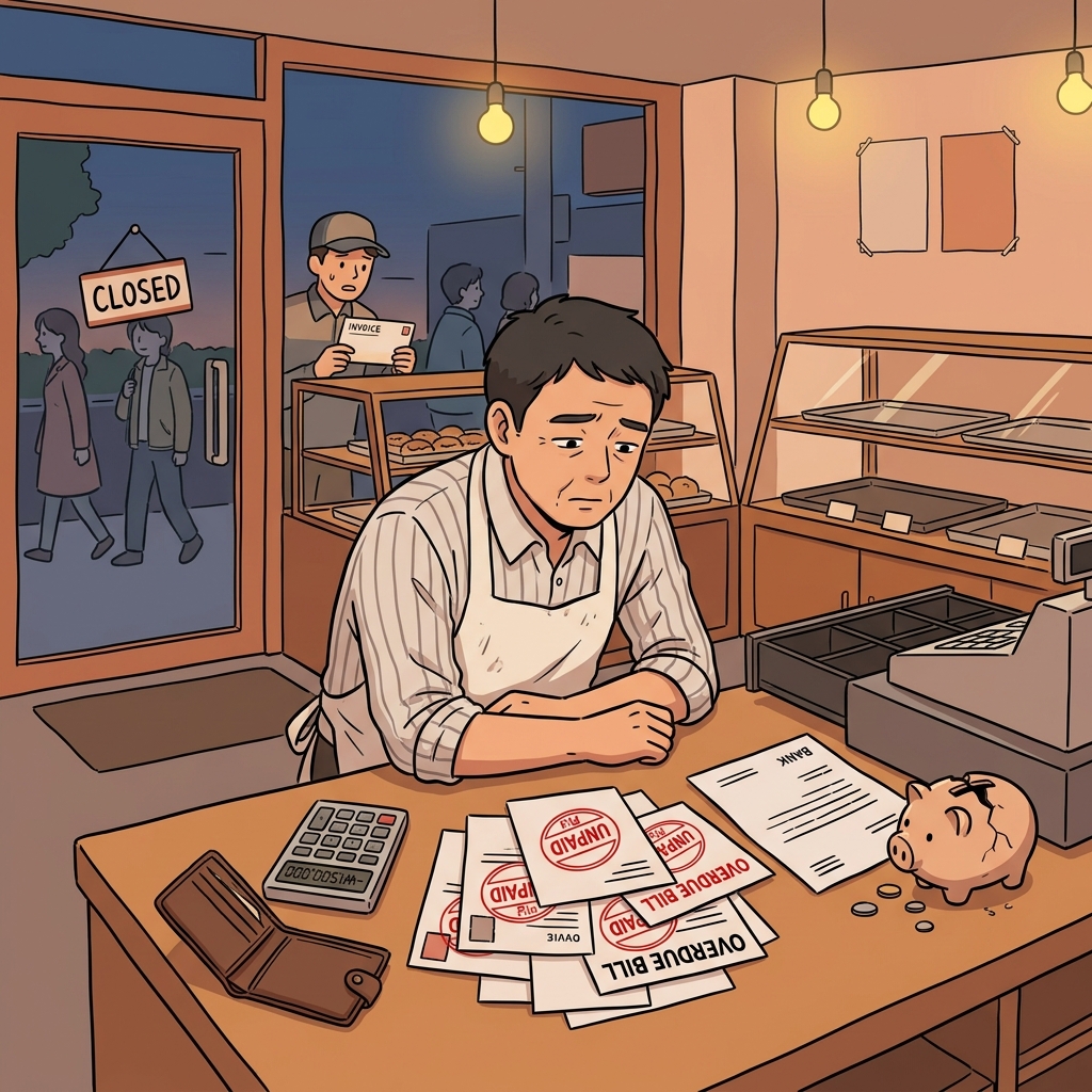 The bakery owner stares at unpaid bills, finally insolvent after months of losses.