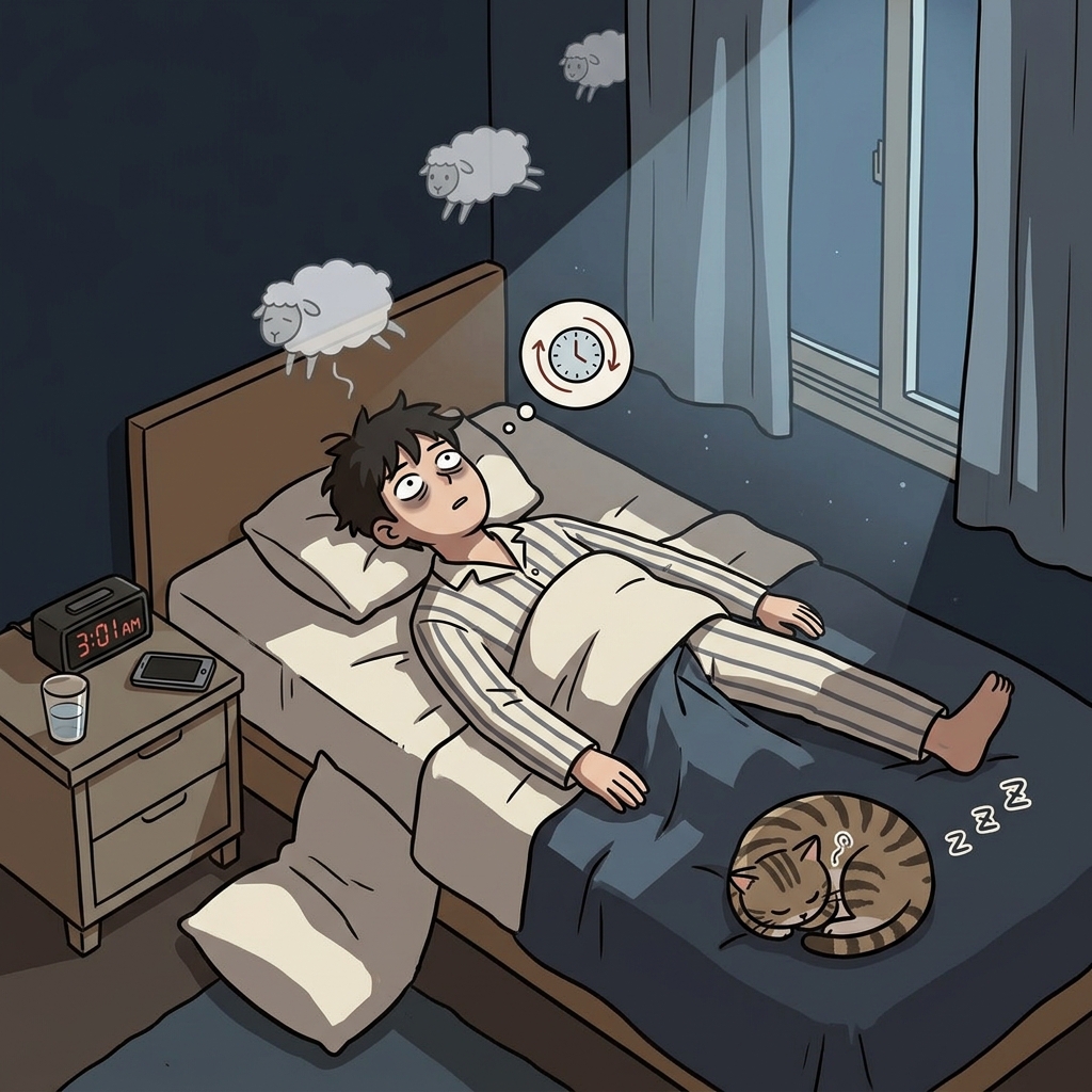 He stares at the ceiling at 3 AM, unable to sleep — classic insomnia.