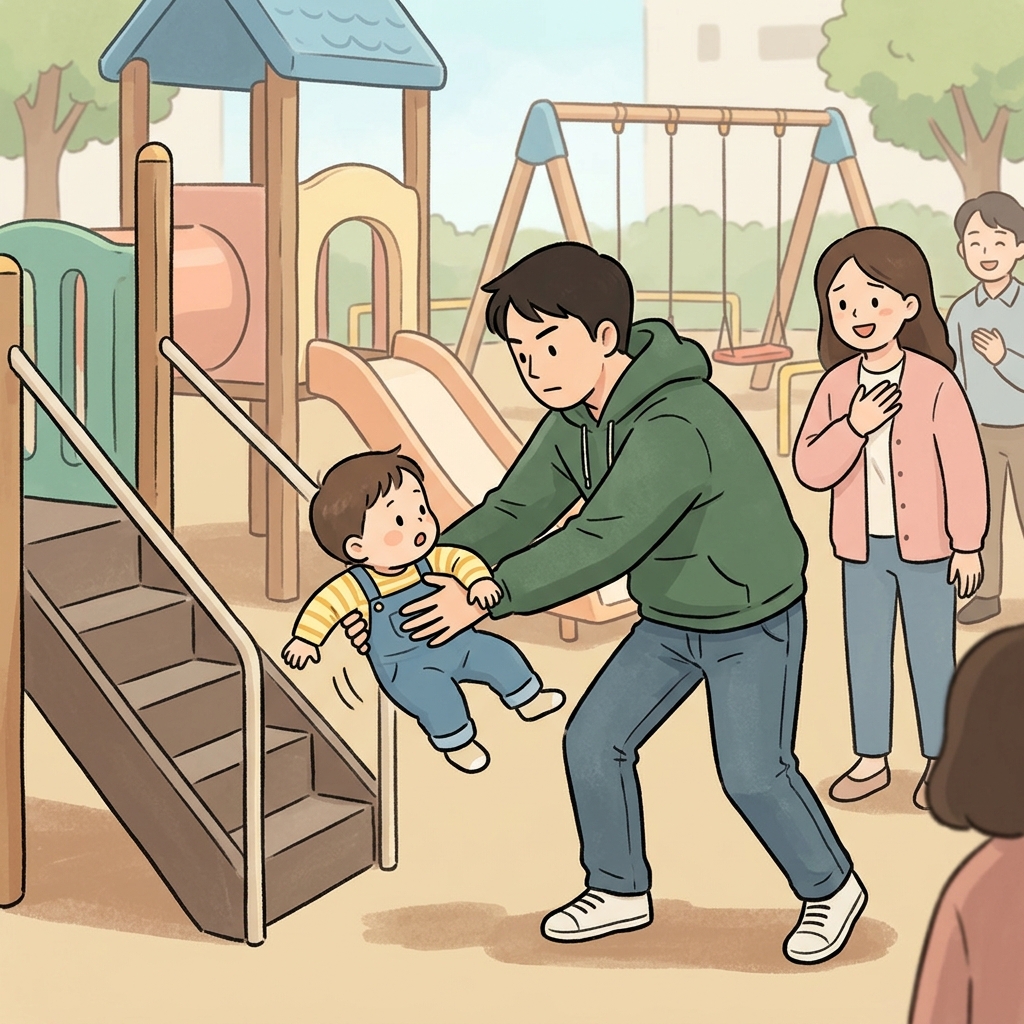 그는 본능적으로 떨어지는 아이를 붙잡았다. ("인스턴트!" → 생각할 시간도 없이 바로 반응한다)