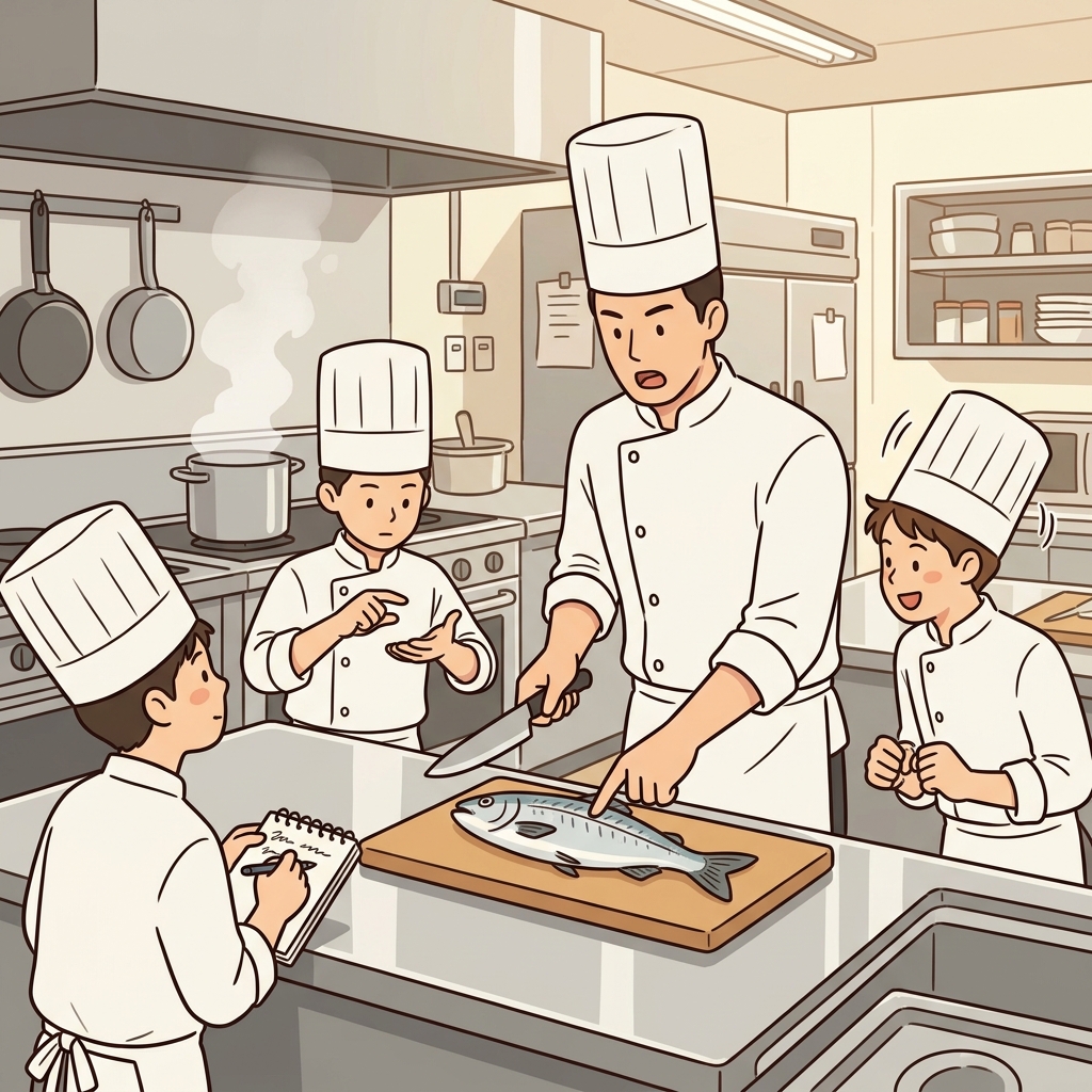 The chef gives clear instruction to his trainees on how to fillet a fish.