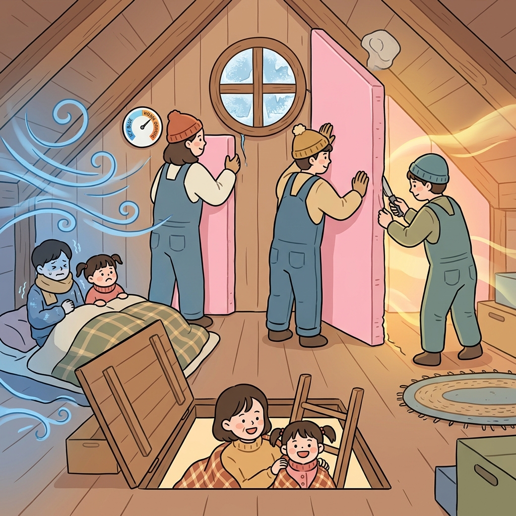 Workers insulate the attic walls with thick foam to keep winter cold outside.