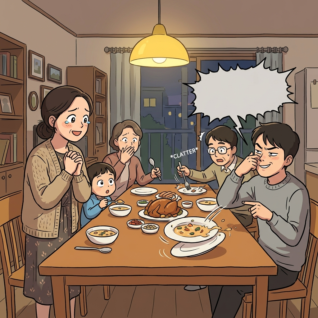 그가 음식 맛을 비하하는 말을 던지자 식탁이 얼어붙었다.
