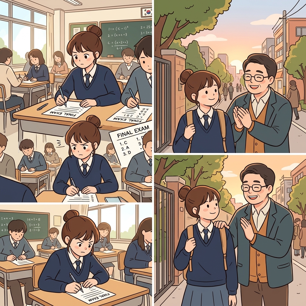 아버지는 딸이 부정행위를 거부하고 정직을 선택하자 "인! 태도 안 그르지!"라며 흐뭇하게 칭찬했다. (사람의 태도가 그르지 않고 바르다)