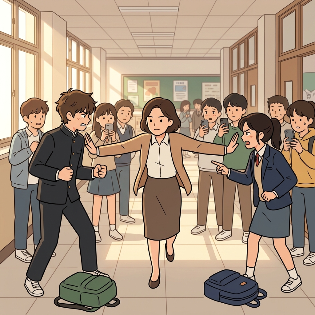 선생님이 복도에서 다투는 두 학생 사이에 끼어들어 중재한다.