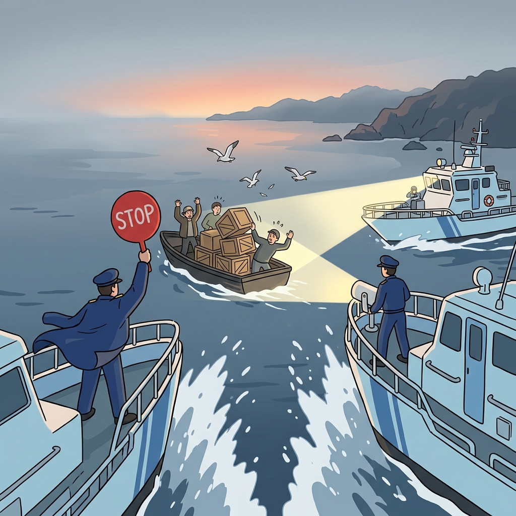 Coast guard ships interdict smugglers before they reach the shore.