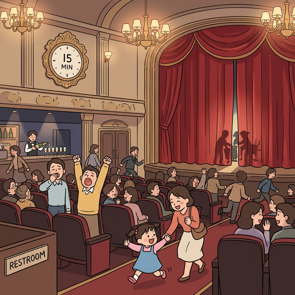 The theater lights dim back on for a fifteen-minute intermission between acts.