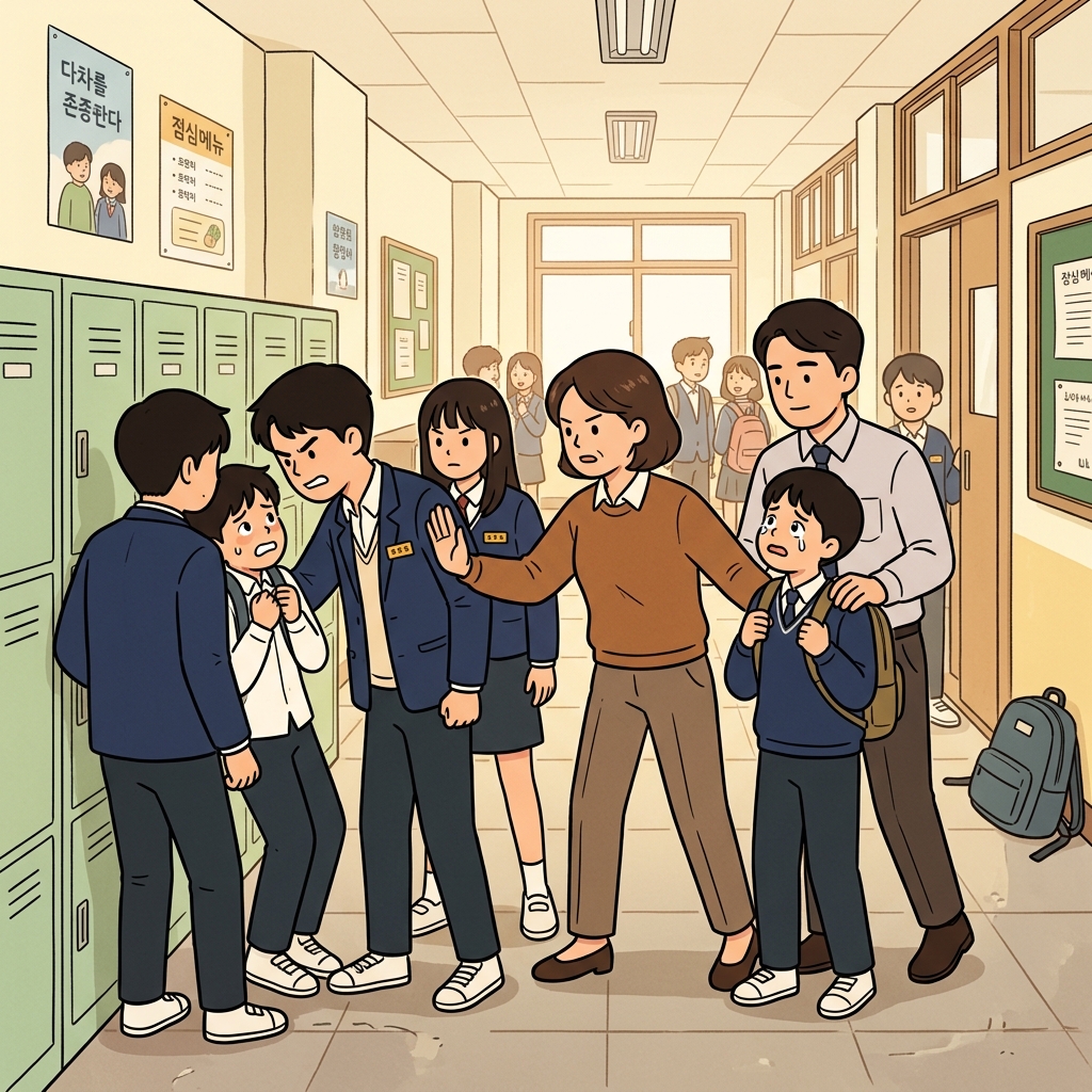 교사들은 괴롭힘 상황이 더 심각해지기 전에 그 일에 개입했다. (인터빈 → 문제 사이(inter)에 들어간다. → 문제 속으로 들어가(in) 상황을 바꾼다.)