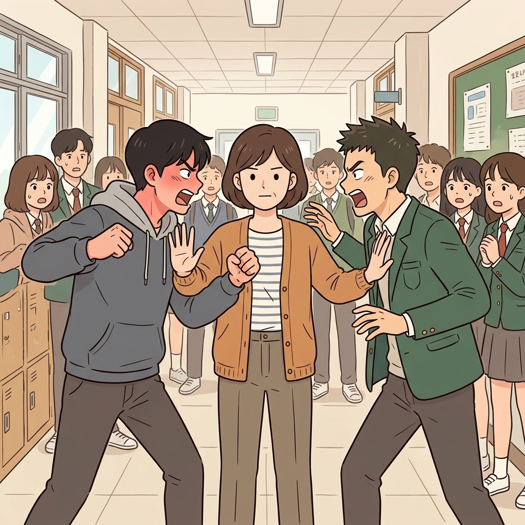 선생님의 개입으로 말다툼은 싸움으로 번지지 않았다.