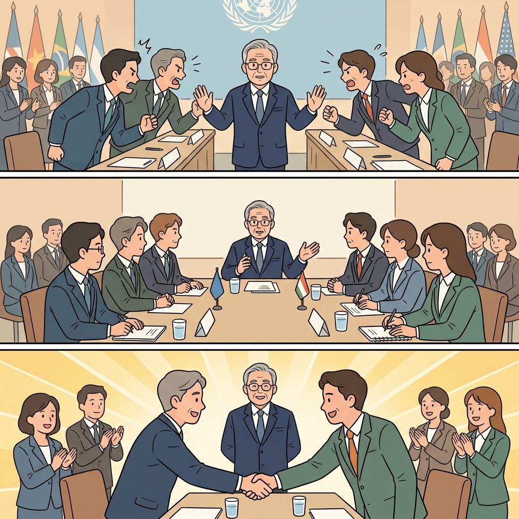 중재자의 개입 이후 지도자들은 회의에 모였고 평화 협정을 함께 축하했다.