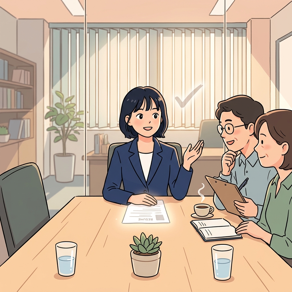 면접장에 앉은 그녀는 모든 질문에 자신있게 답했다.