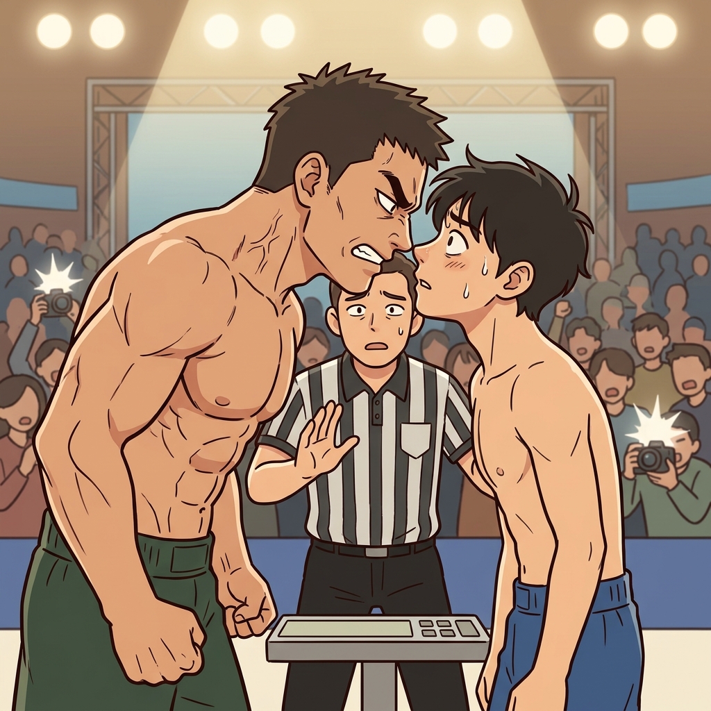 The boxer tries to intimidate his opponent with a fierce stare at weigh-in.