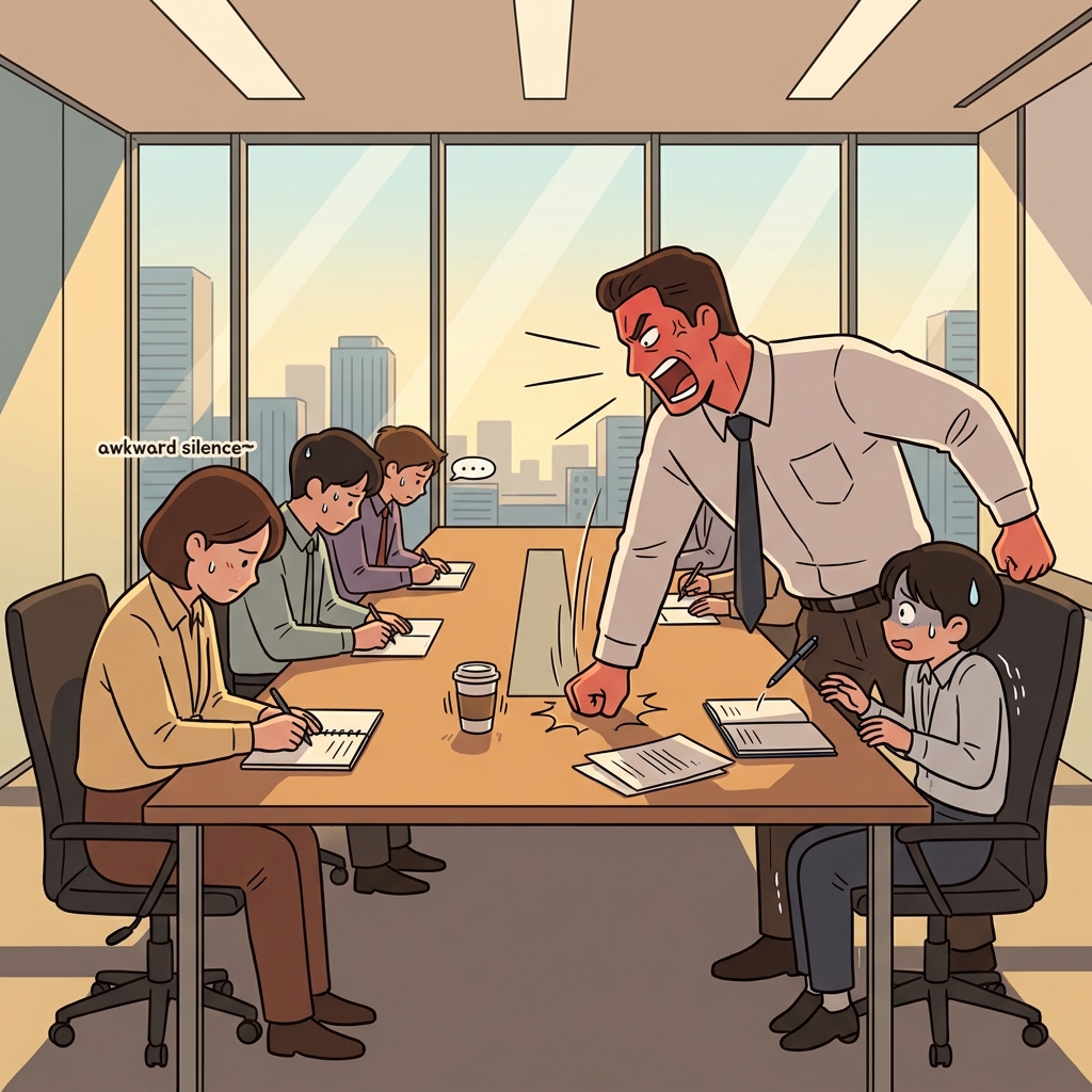 상사가 큰 소리로 위협하니 신입은 입을 다물 수밖에 없었다.