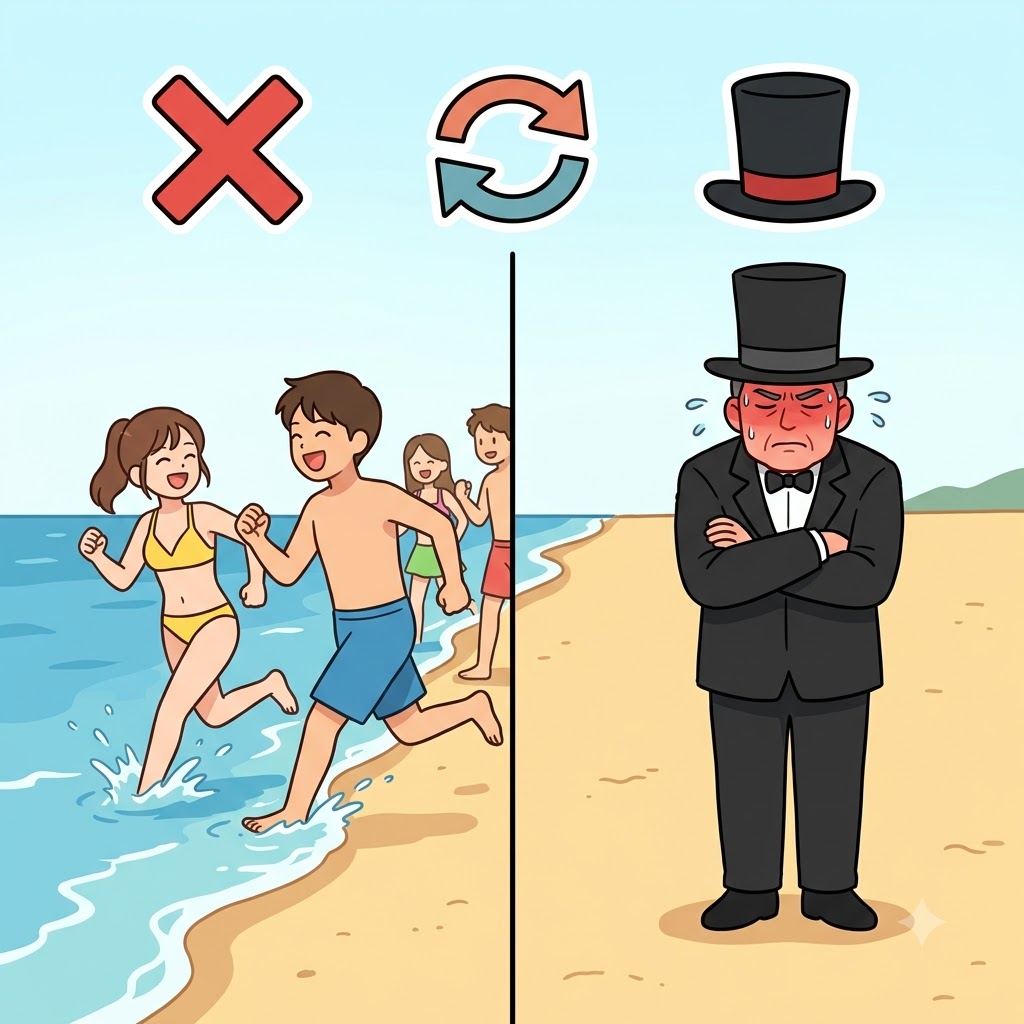IN(하지 않는) + TRANS(바꾸다) — 옷을 바꾸지 않으려는(IN) 신사의 고집 때문에, 그는 해변에서도 두꺼운 정장을 입고 있었다(intransigence).