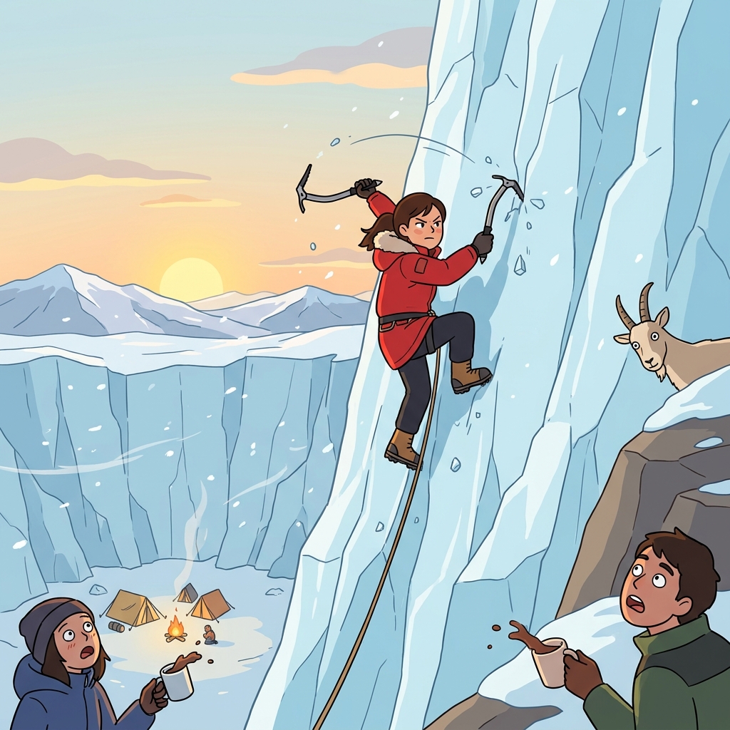 The intrepid explorer scales the icy cliff without hesitation.
