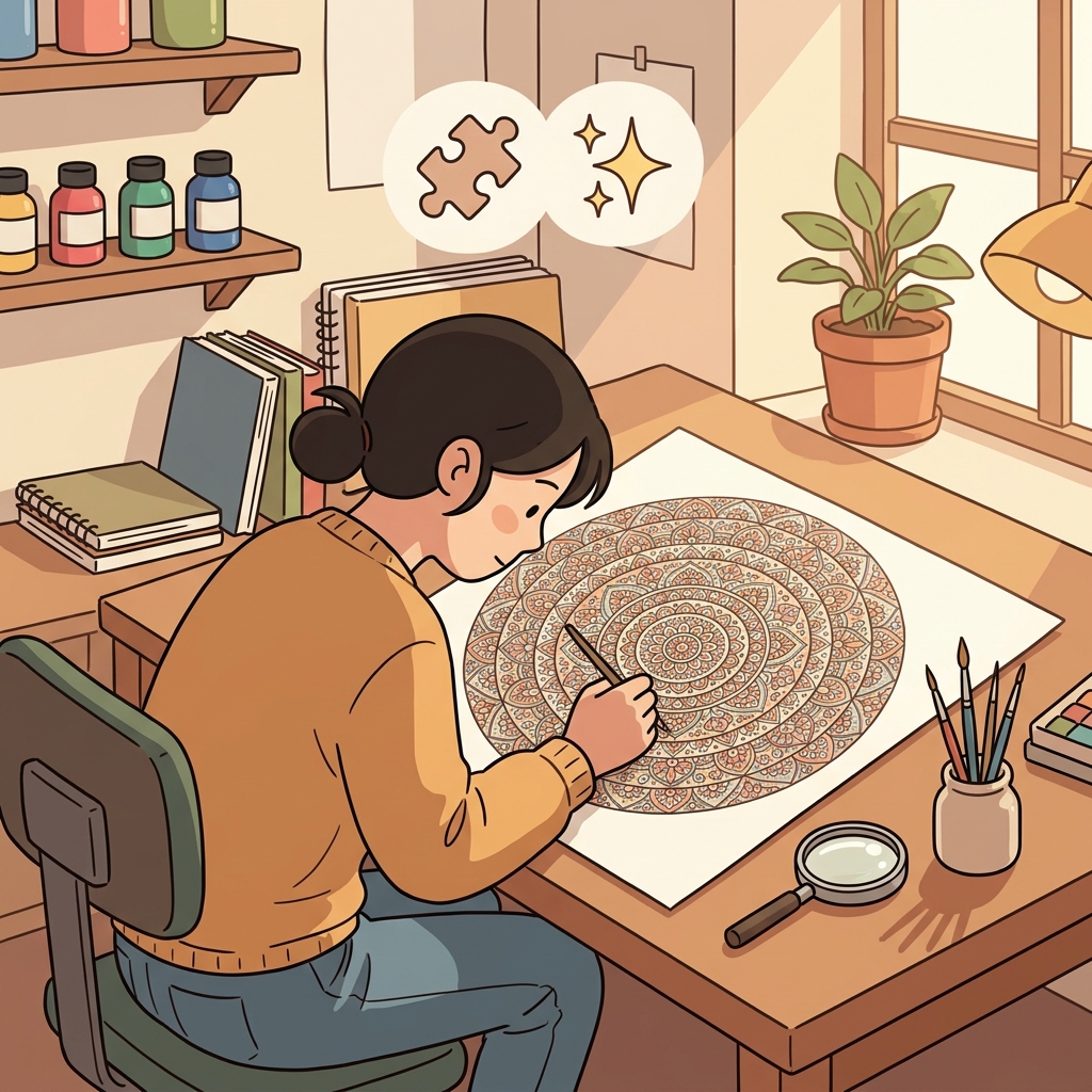 The artist created an intricate design with countless tiny details. (🧩 Many Pieces + ✨ Fine Details → Intricate)