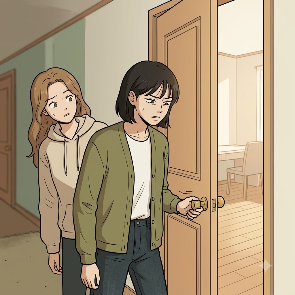 "이유는 없는데…" 그녀는 뭔가 잘못됐다는 직감(intuition)에 이끌려 한 걸음 물러섰다. ("인투, 이션!" → 방 안으로(into) 들어가려는 순간, 이유는 없는데 "왠지 들어가면 안 될 것 같아!"라는 느낌이 먼저 든다)