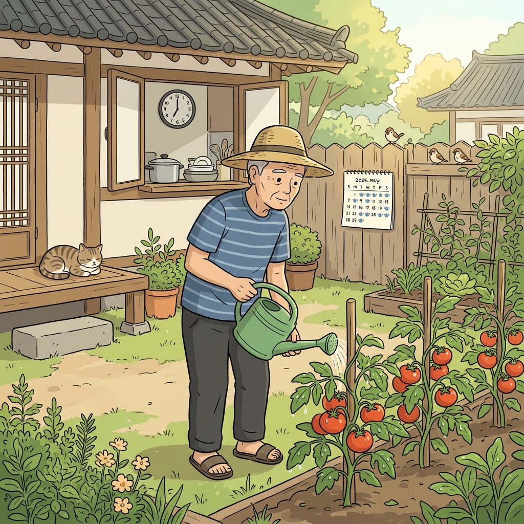 Every morning at 7 sharp, grandpa invariably waters his tomato plants.