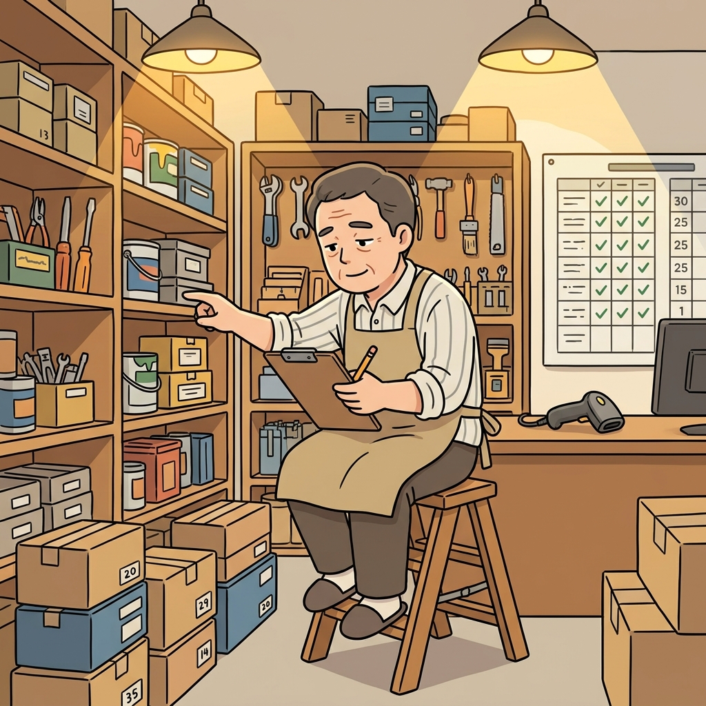 The shopkeeper counts every item in the inventory before closing.
