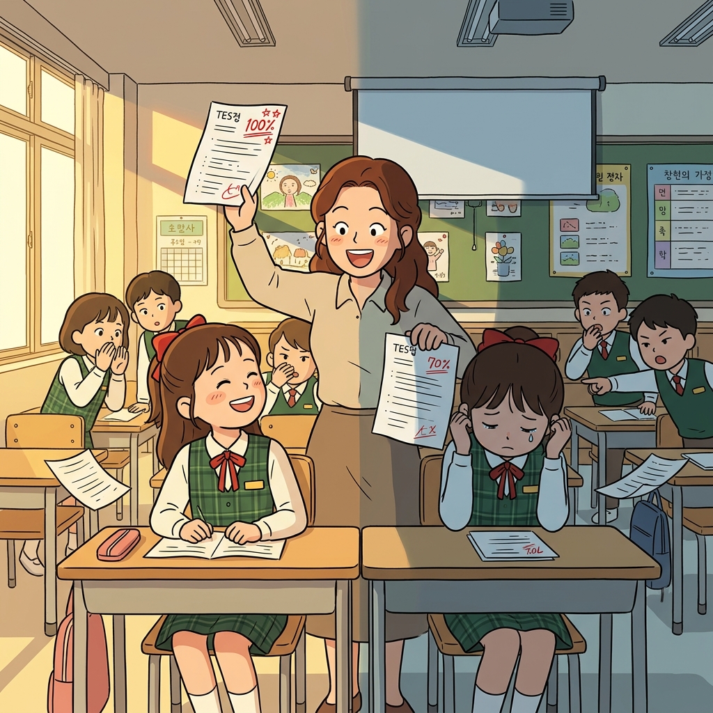 선생님이 쌍둥이를 대놓고 비교하자 조용한 쪽이 얼굴을 푹 숙였다.
