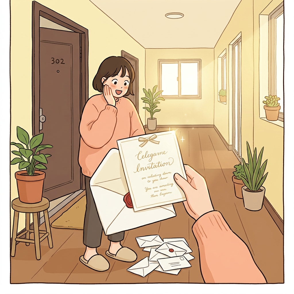 친구 결혼식 초대장을 받고 환하게 웃는다.