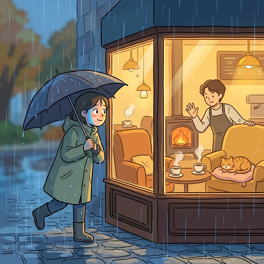 The warm cafe looked so inviting on a cold rainy evening.