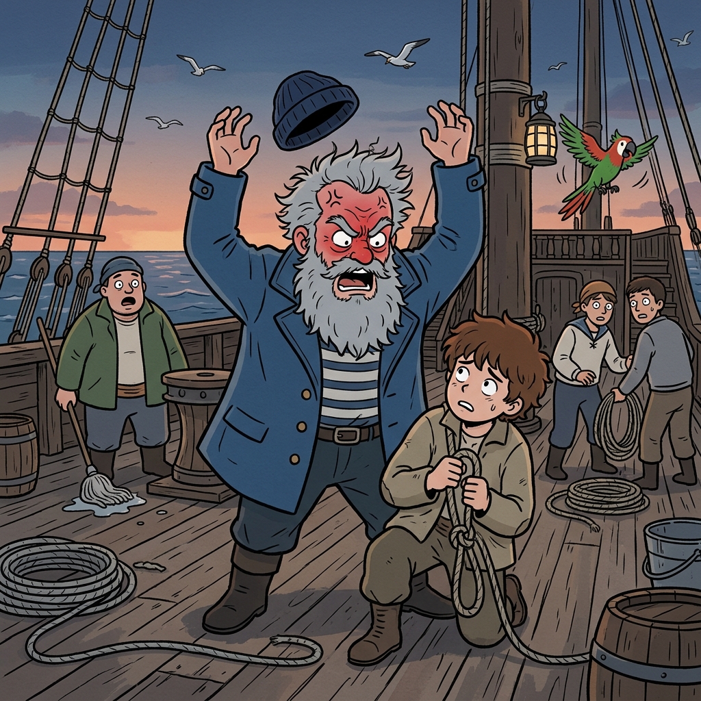 The irascible old captain snaps at his crew over a tiny rope knot.