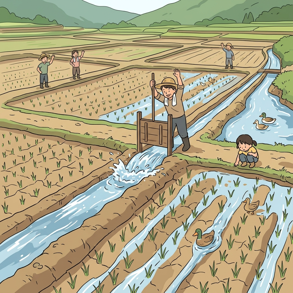 Farmers use irrigation to bring water across the dry rice fields.