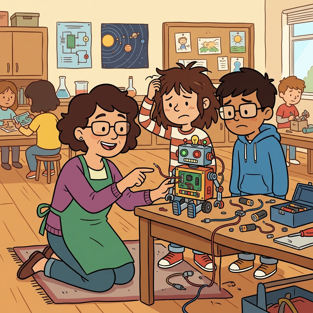 The teacher helped the students solve an issue with their science project.