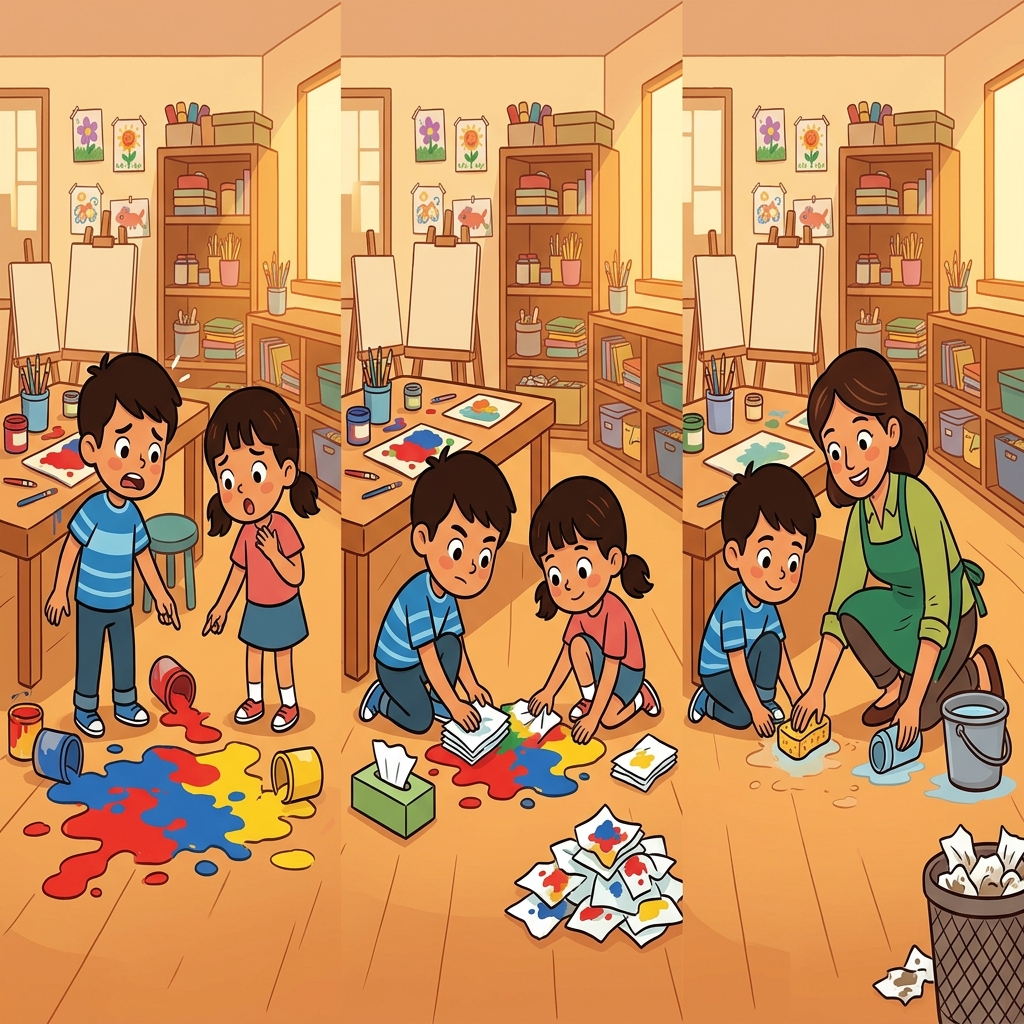 A tissue helped clean the spill, and the teacher came to rescue the students from the issue.