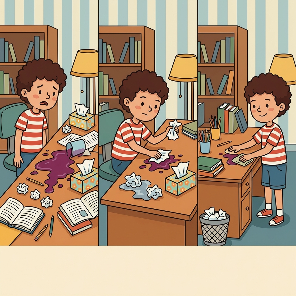 The boy had issues with his messy desk, used tissues to clean it, and stopped making excuses.