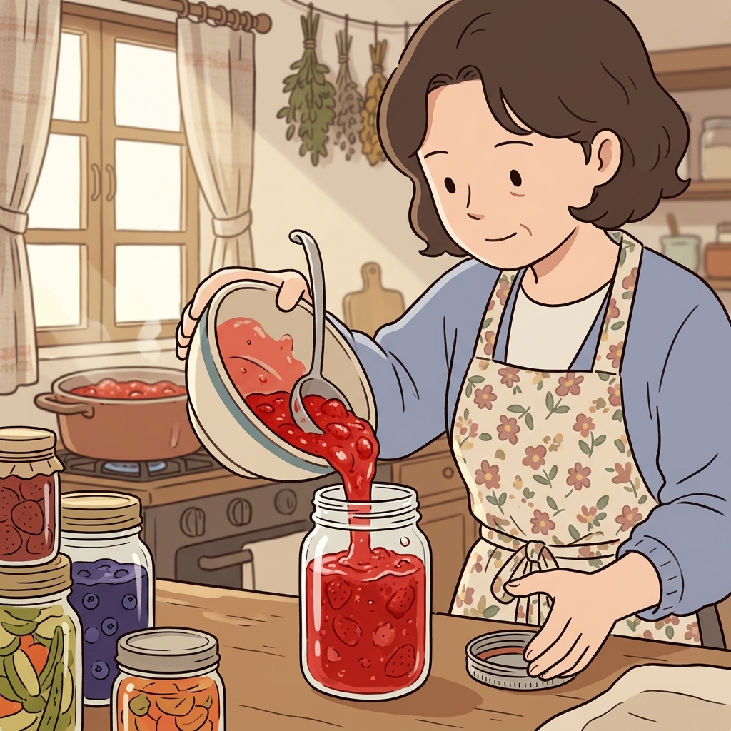 She stored homemade strawberry jam in a glass jar.