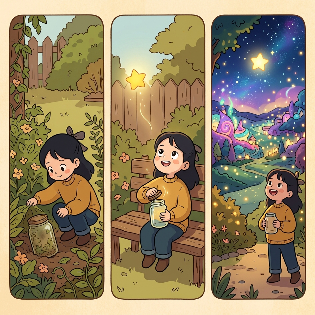 The child found a shining star inside a magical jar from a faraway land.