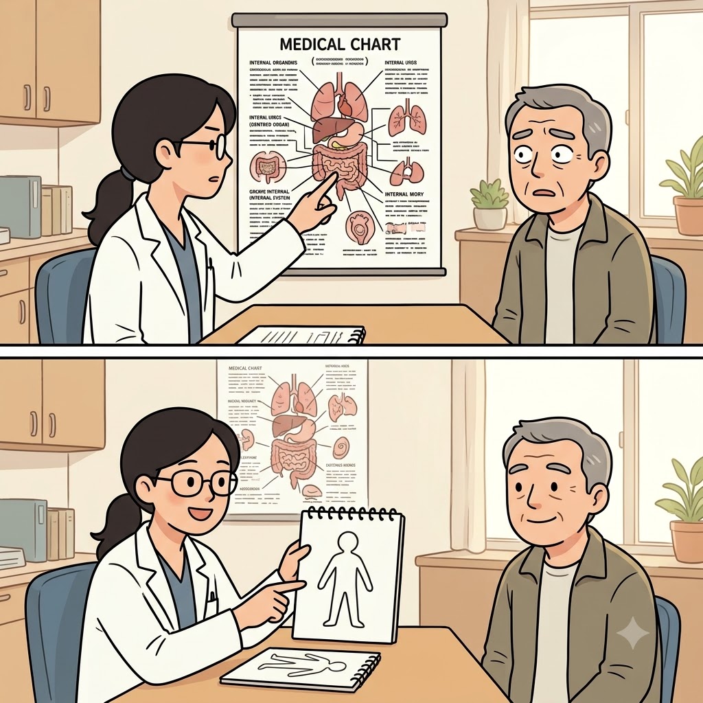 The doctor explained the diagnosis again without using medical jargon.