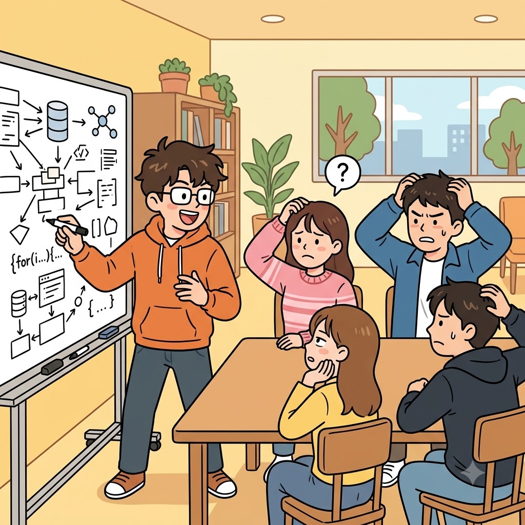 프로그래머가 전문 용어(jargon)만 계속 쓰자 사람들은 하나도 이해하지 못하고 "잘 간!"이라며 웃었다. (전문 용어만 잔뜩 쓰니 대화가 '잘 가!' 하고 멀어진다.)