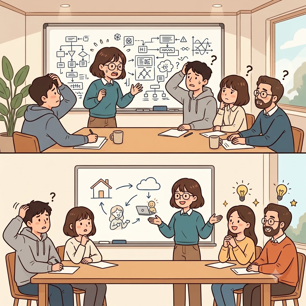 The engineer dropped the jargon and explained the idea in plain English. (JAR + GONE → Imagine all the complicated technical words trapped inside a JAR. Then— JAR → GONE!
The jargon disappears, and everyone finally understands.)