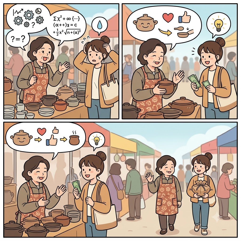 After dropping the jargon, the seller closed a bargain at the market.
