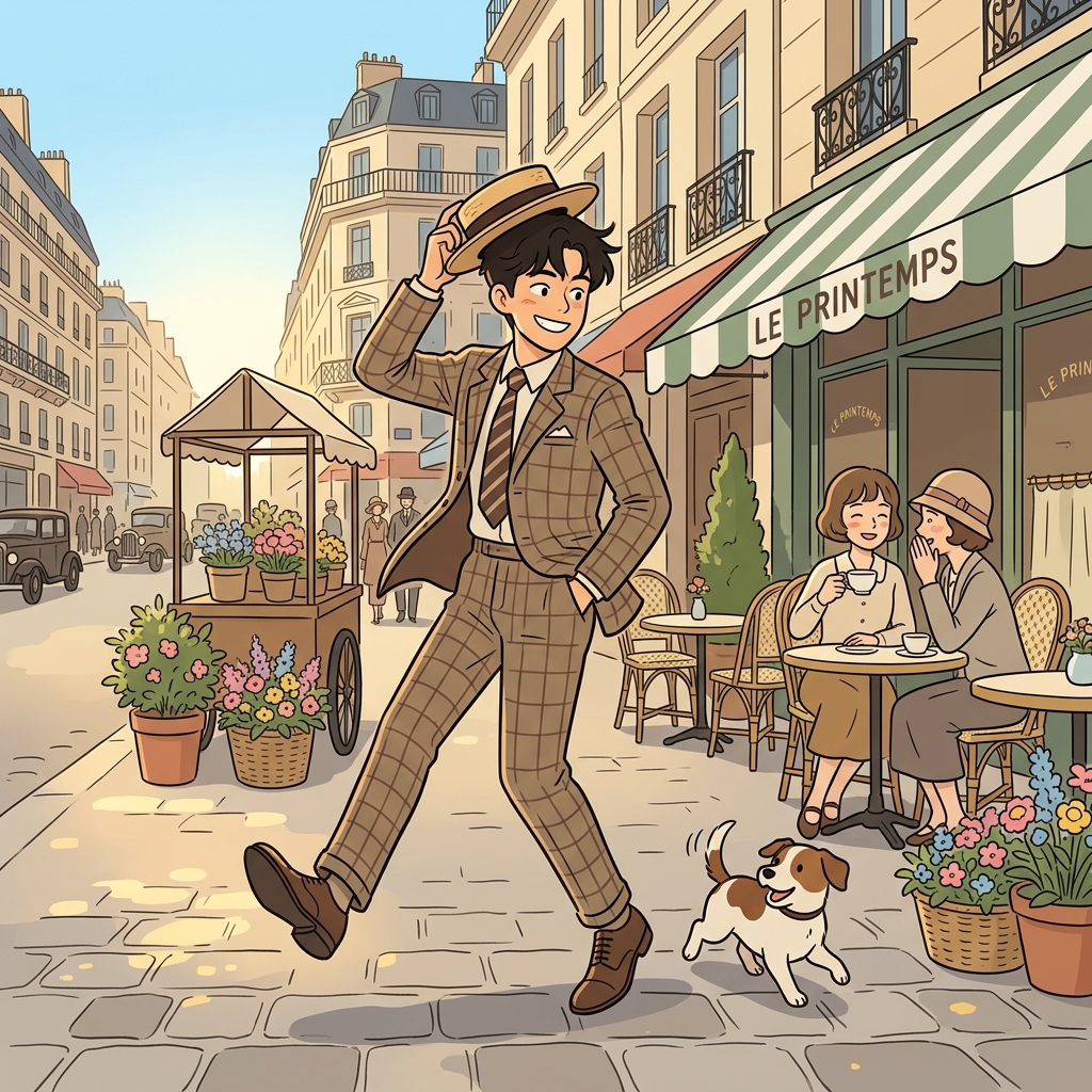 He strolled down the boulevard with a jaunty tip of his hat.