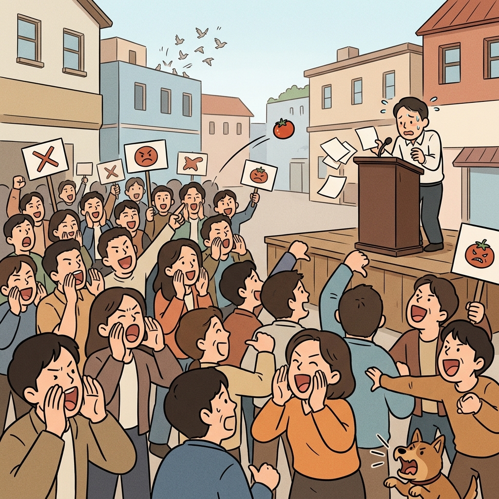 The crowd began to jeer loudly when the politician stumbled over his own words.