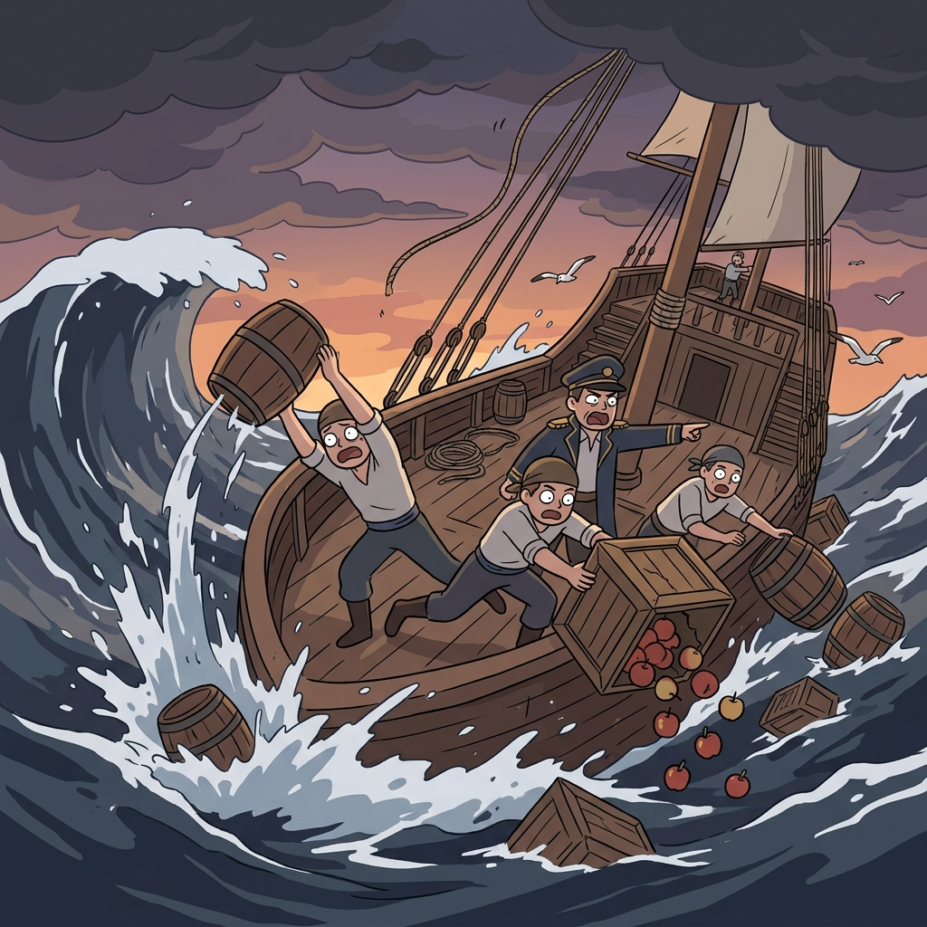 The crew had to jettison heavy crates to keep the ship from sinking.