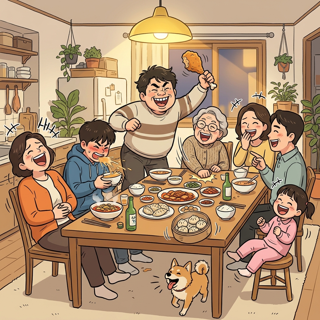 장난기 많은 삼촌이 저녁 식사 내내 모두를 웃게 만든다.
