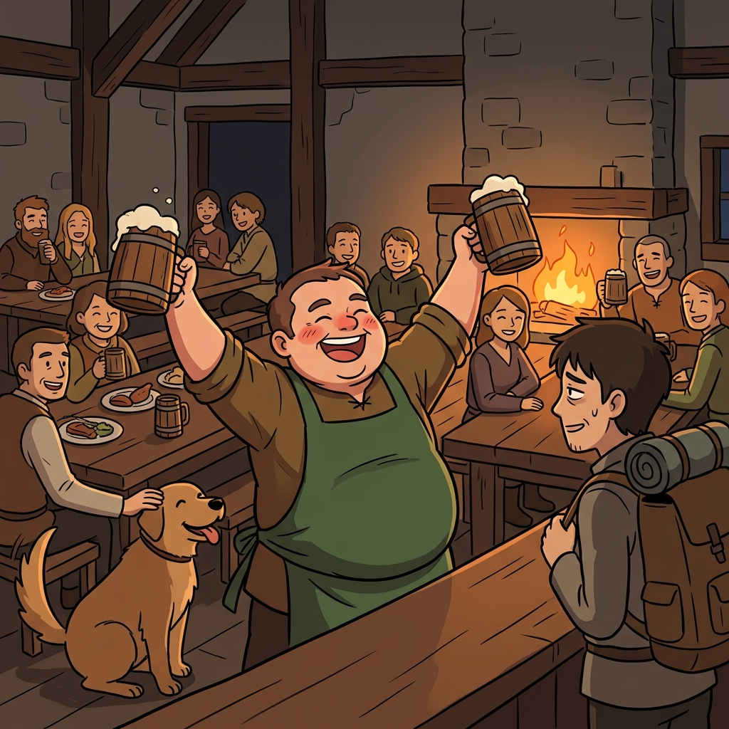 The jovial innkeeper welcomed every traveler with a hearty laugh and warm ale.