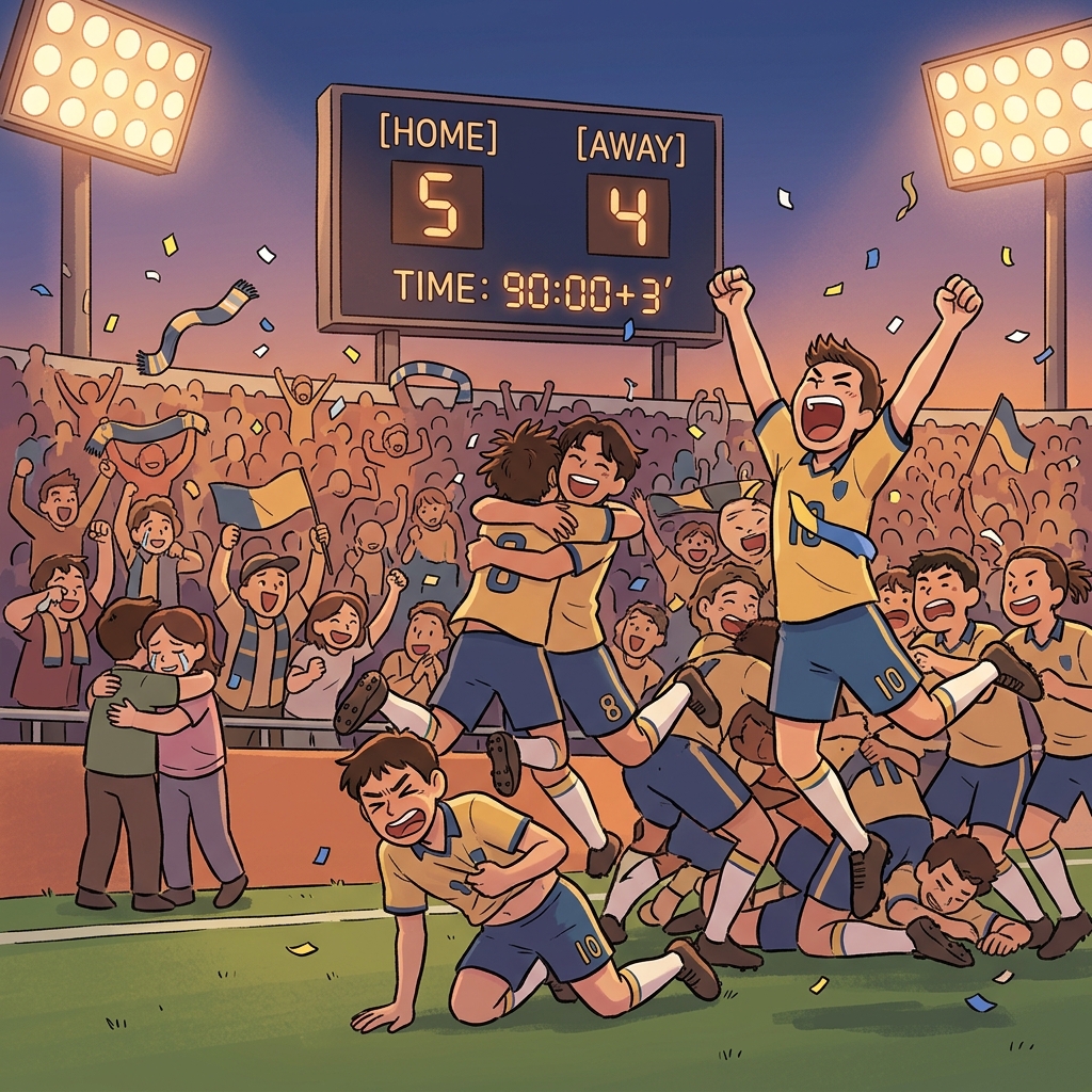 The team is jubilant after scoring the winning goal in overtime.