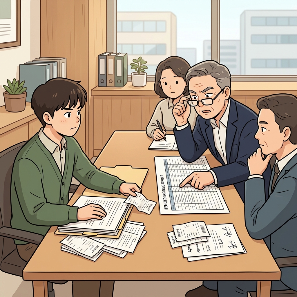회계사가 영수증을 하나씩 제시해 모든 지출이 정당한 것으로 인정되었다. ("Just(정당)함을 단지(just) 영수증 하나로 입증한다.")