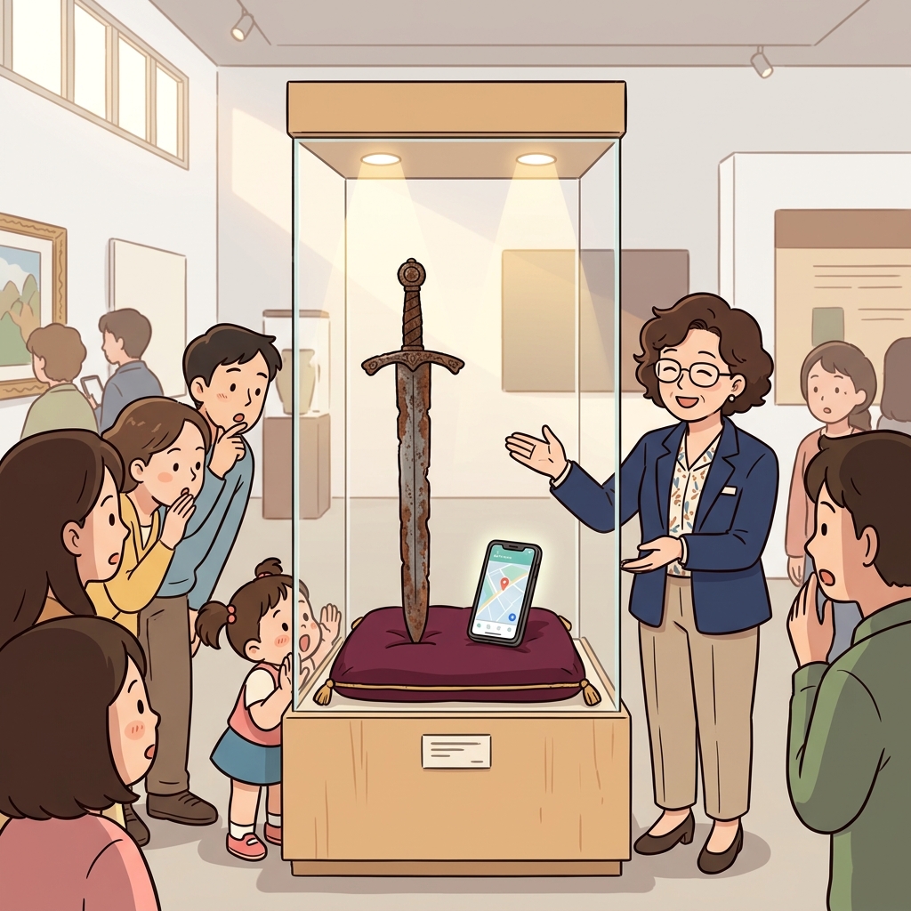 The curator chose to juxtapose a medieval sword with a modern smartphone in one display case.