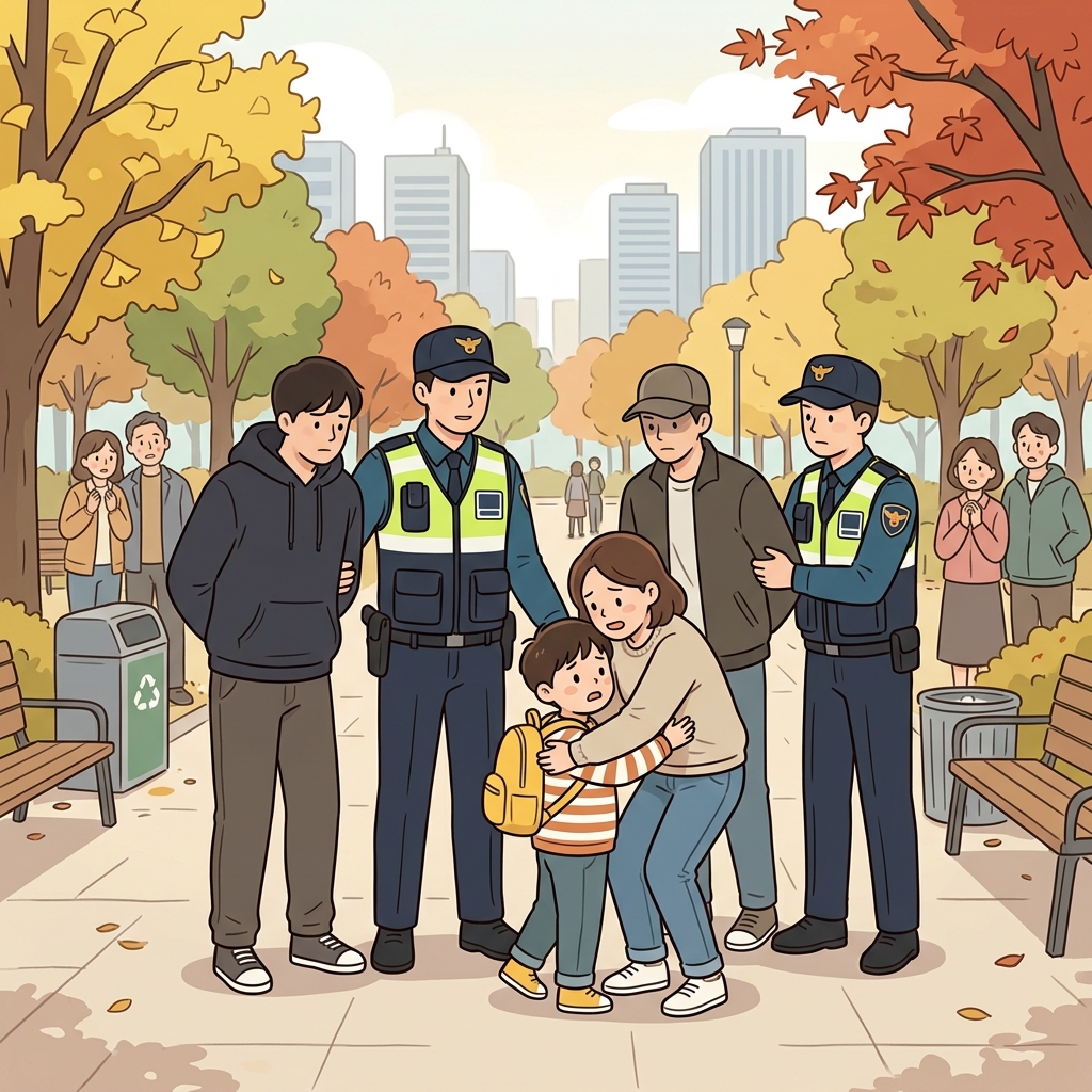 경찰은 납치범들이 아이를 데리고 달아나기 전에 막아냈다. (아이(kid)를 납(납치)하려다 경찰에게 붙잡힌다)
