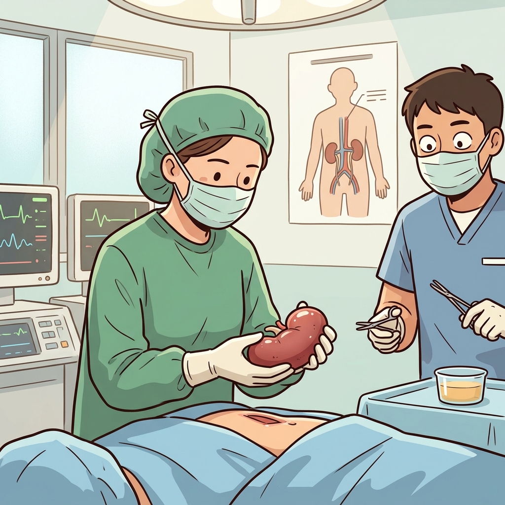 의사가 환자에게 새 신장을 이식하고 있다.